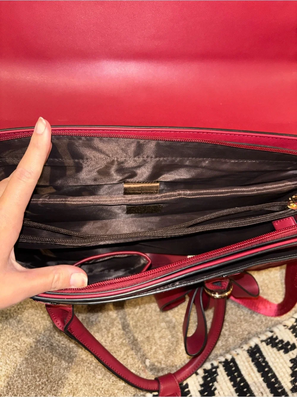 Red Leather Briefcase with Top Handles and Detachable Straps
